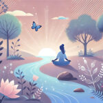 Ilustrasi menenangkan tentang penyembuhan trauma, menampilkan seseorang bermeditasi di alam terbuka dekat sungai yang mengalir, dikelilingi cahaya matahari, pepohonan, dan bunga-bunga mekar, melambangkan ketenangan, pemulihan emosional, dan harmoni.