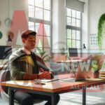 Seorang karyawan bekerja dengan tenang dan fokus di meja kantornya dalam suasana kerja yang positif dan minim stres. Lingkungan kantor tampak modern dengan dekorasi minimalis, tanaman hijau, serta pencahayaan yang nyaman. Gambar ini mencerminkan konsep 'quiet thriving', di mana seseorang dapat berkembang di tempat kerja tanpa terjebak dalam drama atau tekanan yang berlebihan, dengan menjaga keseimbangan dan mindfulness dalam bekerja.