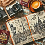 Ilustrasi sebuah travel journal terbuka di atas meja kayu, berisi catatan tulisan tangan dan sketsa landmark terkenal, dikelilingi oleh kamera, paspor, cangkir kopi, dan kartu pos, mencerminkan kreativitas dan kenangan perjalanan.