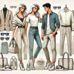 Ilustrasi fashion mix and match yang menampilkan pria dan wanita dengan berbagai pakaian sehari-hari yang dipadukan secara stylish. Gambar ini mencerminkan isi artikel tentang tips memadukan pakaian, termasuk penggunaan blazer, jeans, sneakers, serta aksesori seperti tas dan kacamata hitam. Latar belakang minimalis dengan warna pastel memberikan kesan chic dan modern, sesuai dengan konsep fashion yang menekankan kepercayaan diri dan kreativitas dalam berpenampilan.