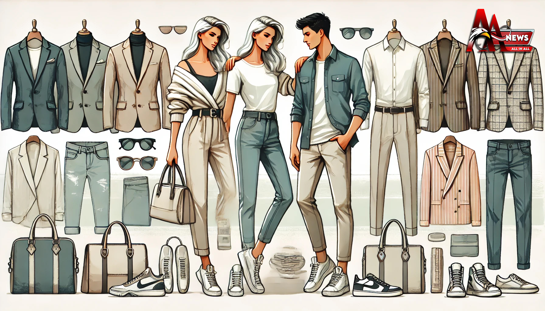 Ilustrasi fashion mix and match yang menampilkan pria dan wanita dengan berbagai pakaian sehari-hari yang dipadukan secara stylish. Gambar ini mencerminkan isi artikel tentang tips memadukan pakaian, termasuk penggunaan blazer, jeans, sneakers, serta aksesori seperti tas dan kacamata hitam. Latar belakang minimalis dengan warna pastel memberikan kesan chic dan modern, sesuai dengan konsep fashion yang menekankan kepercayaan diri dan kreativitas dalam berpenampilan.