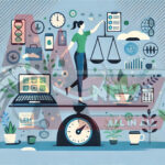 Ilustrasi work-life balance di era digital, menampilkan seseorang yang menyeimbangkan kehidupan kerja dan pribadi dengan simbol-simbol seperti laptop, ponsel, cangkir kopi, yoga mat, dan elemen alam. Gambar ini relevan sebagai featured image karena memperkuat pesan artikel tentang pentingnya menjaga kesehatan mental dengan memisahkan waktu kerja dan waktu pribadi, serta melakukan digital detox untuk hidup yang lebih sehat dan bahagia.
