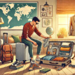 Seorang traveler modern sedang mempersiapkan koper dengan barang-barang penting seperti pakaian multifungsi, sepatu nyaman, gadget travel-friendly, dan travel organizer di dalam ruangan yang nyaman. Ilustrasi ini menampilkan suasana perjalanan yang stylish dan praktis, mencerminkan tips packing cerdas untuk tampil gaya saat traveling, sesuai dengan isi artikel tentang packing essentials bagi traveler yang ingin tetap fashionable di berbagai destinasi.