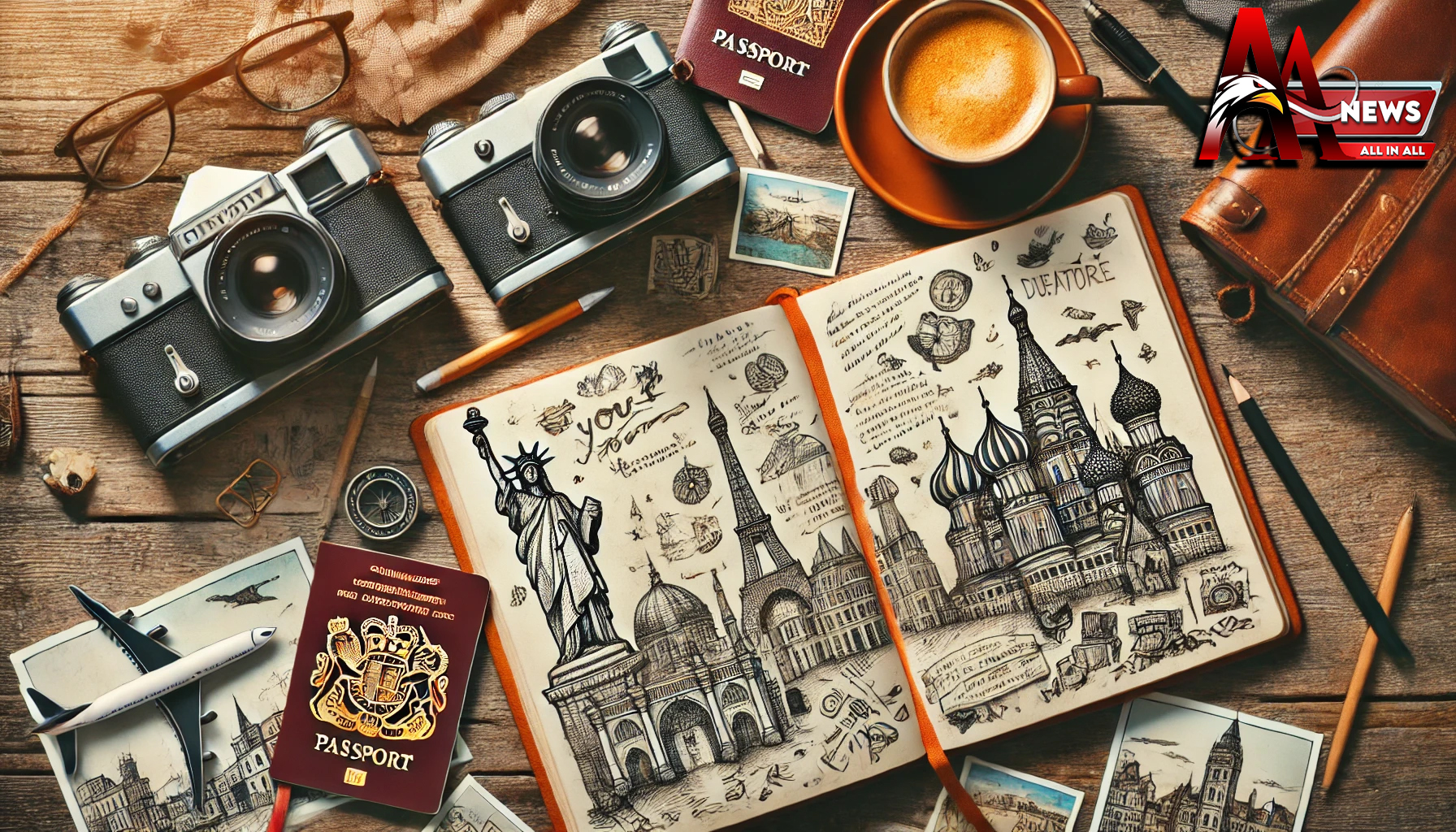 Ilustrasi sebuah travel journal terbuka di atas meja kayu, berisi catatan tulisan tangan dan sketsa landmark terkenal, dikelilingi oleh kamera, paspor, cangkir kopi, dan kartu pos, mencerminkan kreativitas dan kenangan perjalanan.